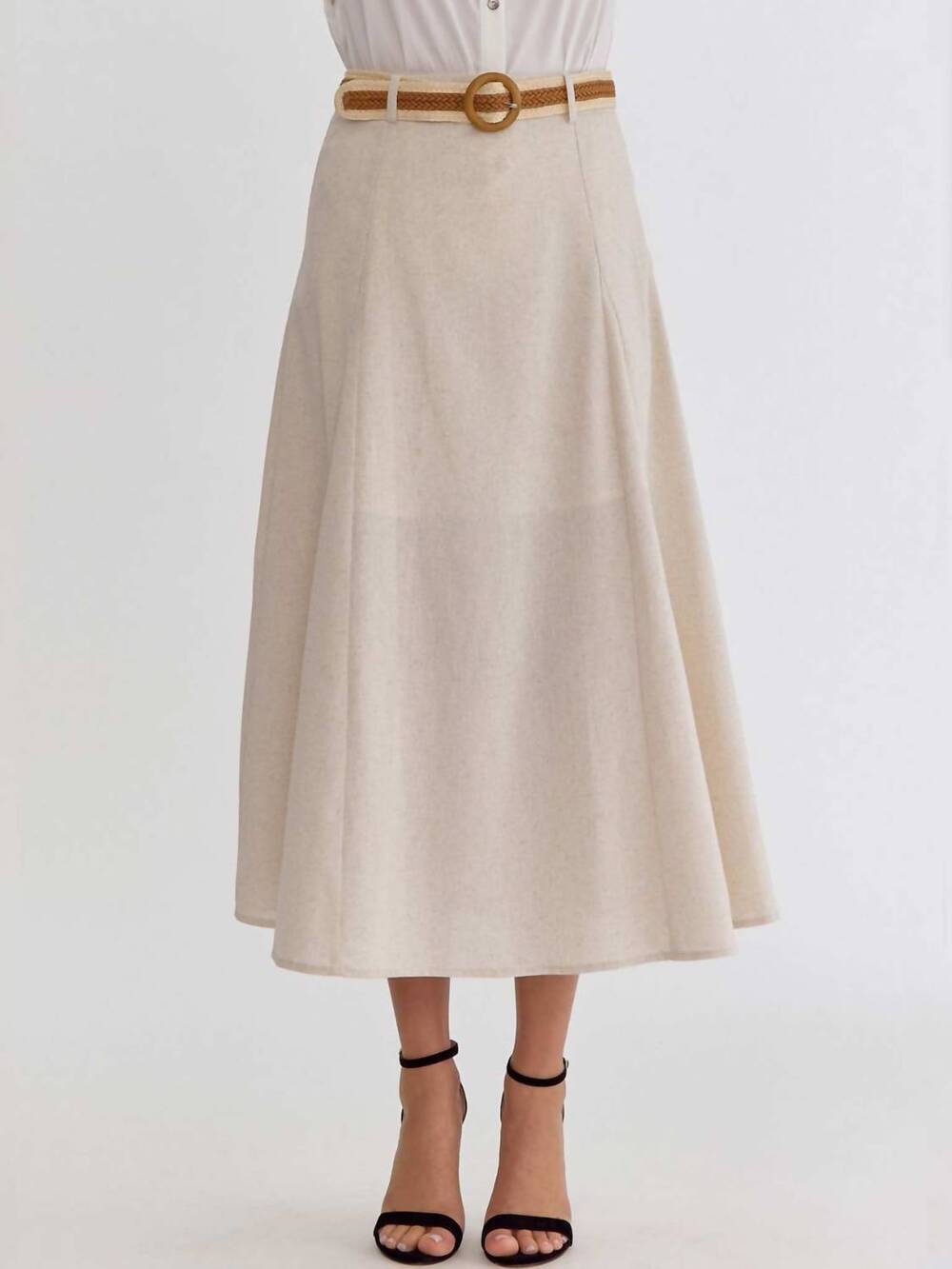 NEW ENTRO linen look high waist belted flare midi skirt in beige